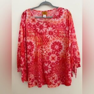 Ruby Rd Women’s Plus Size Red and White Tie-Dye‎ Floral Top Size 2X